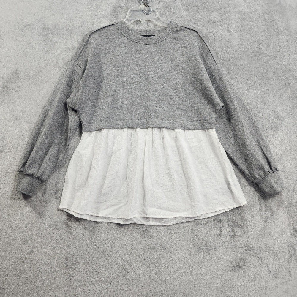 BCX Top Womens S Gray White Colorblock Ruffle Hem Long Sleeve Tunic Casual